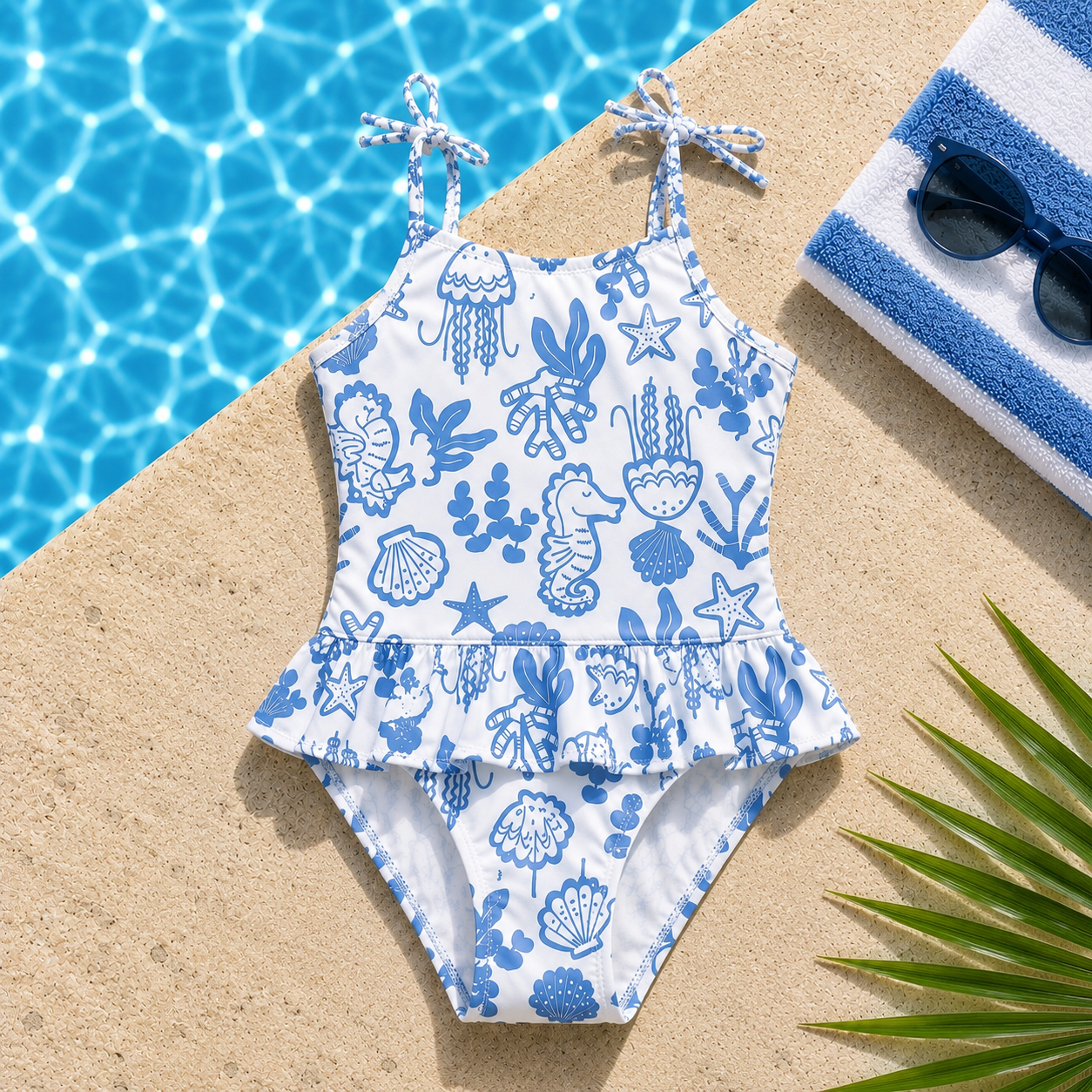 Maillot de bain 1 pièce fille blanc et bleu imprimé fonds marins