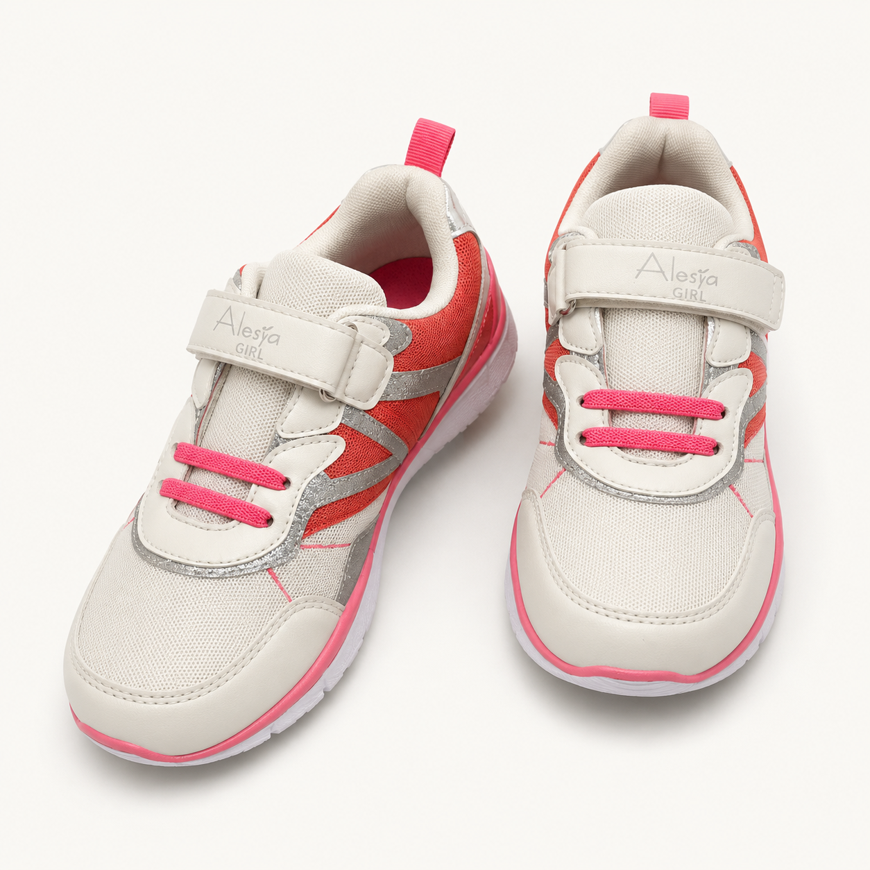 Baskets blanches et corail à scratch - Fille - Alesya Girl
