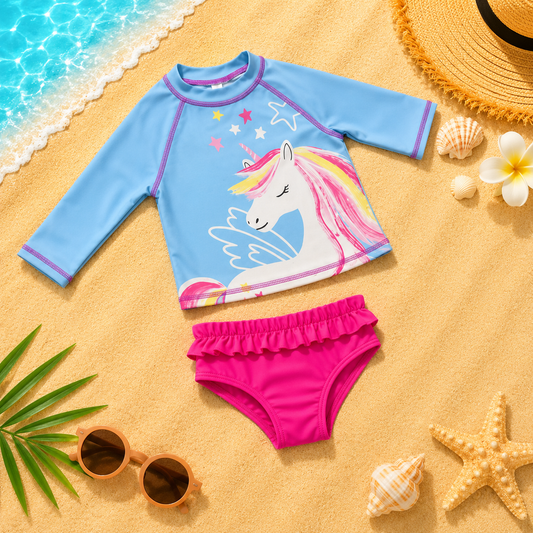 Ensemble de bain anti-UV fille Licorne Féerique – T-shirt manches longues et Culotte à volants – Bleu Ciel et Fuchsia