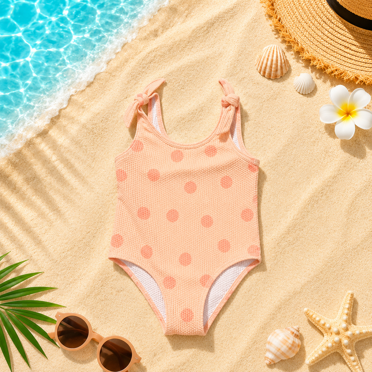 Maillot de bain 1 pièce fille gaufré à pois – Rose Pêche Pastel