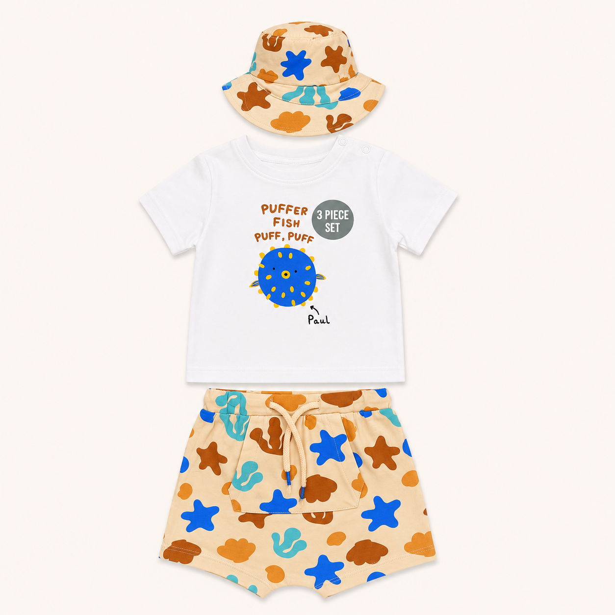 Ensemble 3 pièces bébé motif marin et chapeau assorti