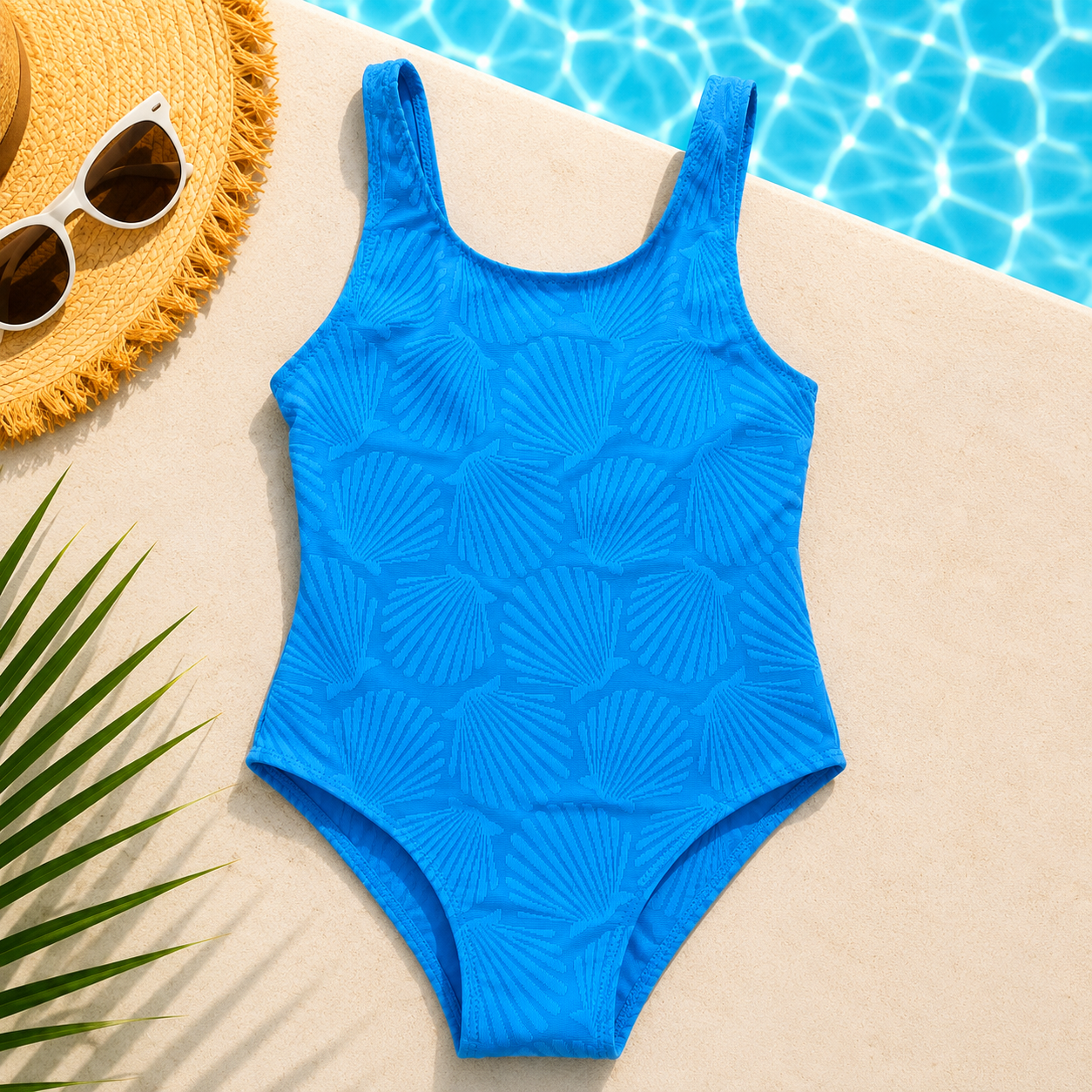 Maillot de bain 1 pièce fille bleu roi texturé coquillages