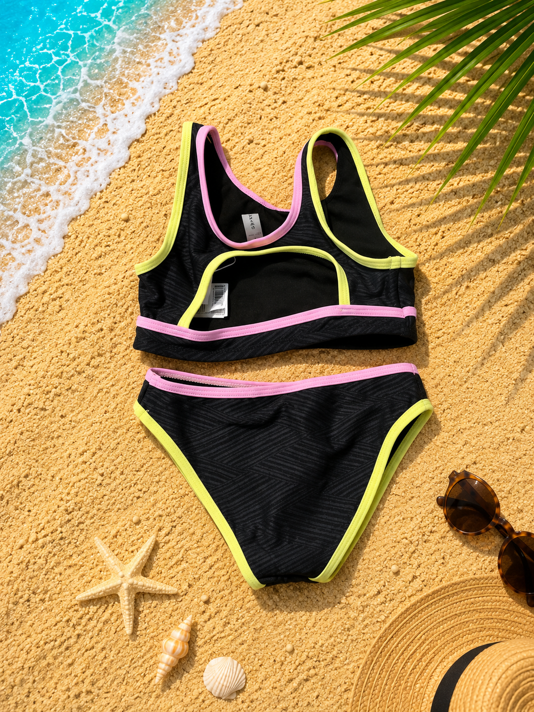 Ensemble maillot de bain deux pièces ado noir texturé découpe dos fluo