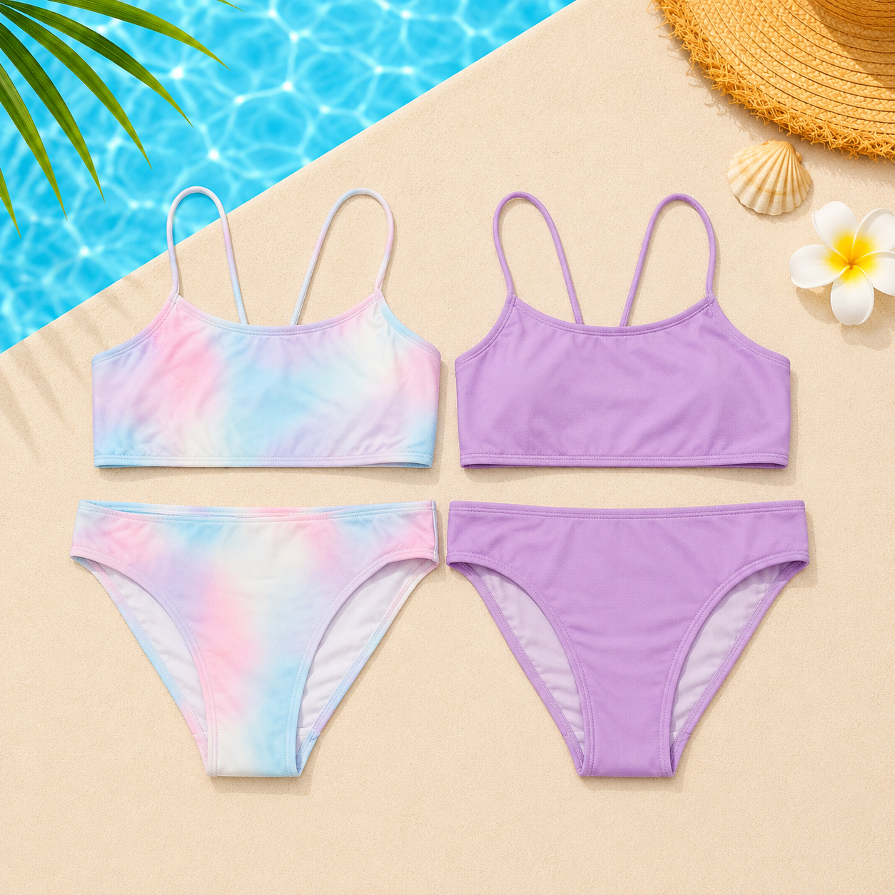 Lot de 2 maillots de bain 2 pièces fille – Tie-dye pastel et Violet uni