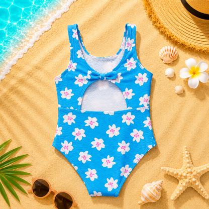 Maillot de bain 1 pièce fille gaufré à fleurs – Bleu Turquoise