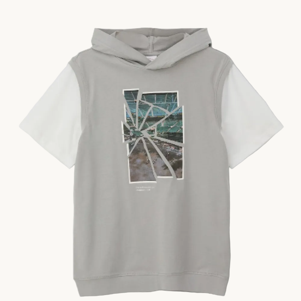 T-shirt à Capuche  – Effet 2-en-1 Superposé Gris et Blanc