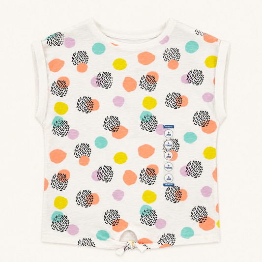 T-shirt Blanc à Motif Confettis Graphiques et Base à Nouer pour Fille