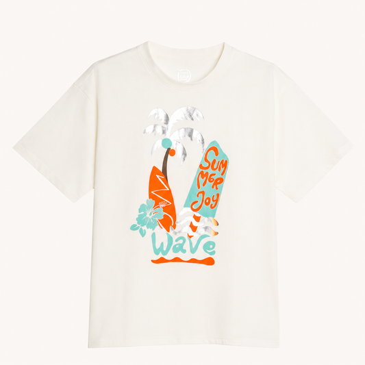T-shirt blanc à motif surf « Summer Joy » – Fille