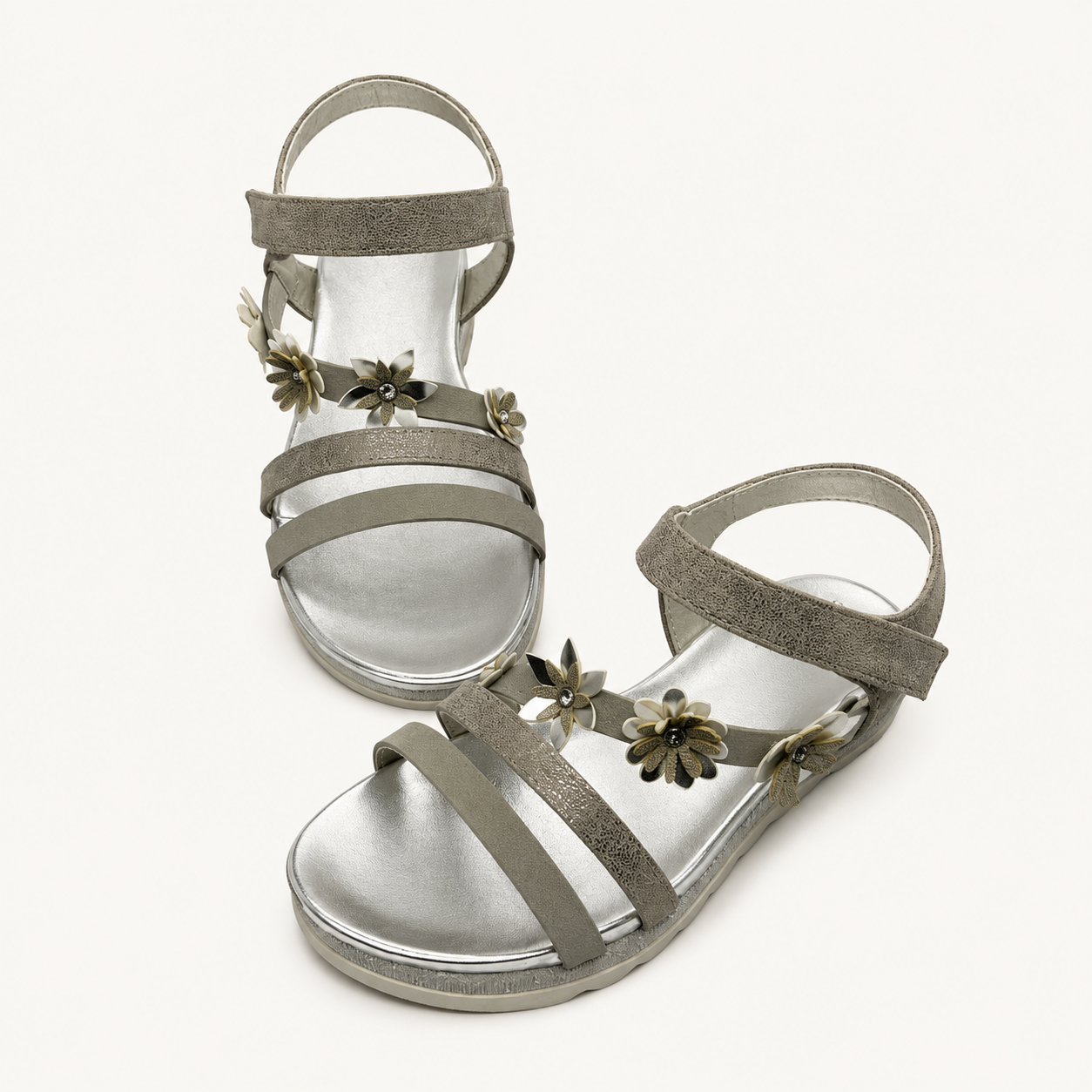 Sandales Plates Kaki et Argentées à Fleurs Enfant