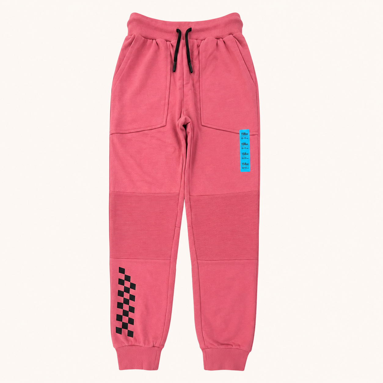 Jogging Rose Cordon Noir Style Motard avec Motif Damier – Fille 12-13 Ans