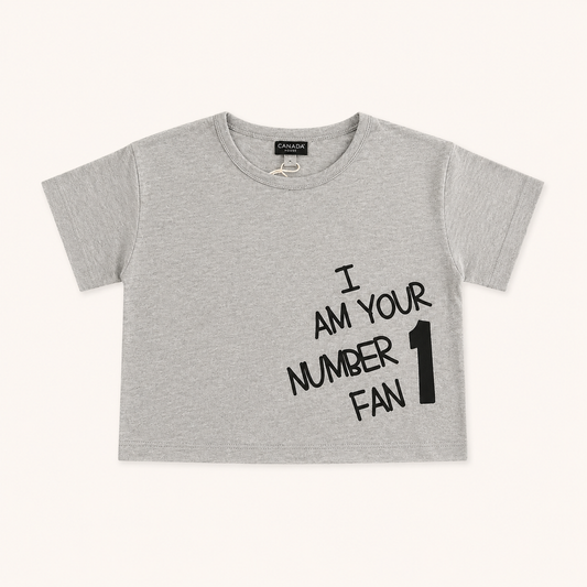 Crop top gris chiné enfant « I Am Your Number 1 Fan » pailleté