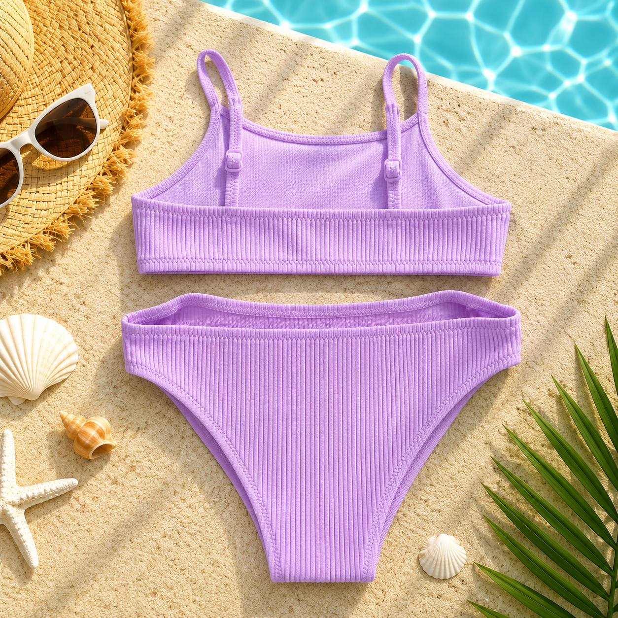 Ensemble maillot de bain deux pièces enfant lilas texture côtelée