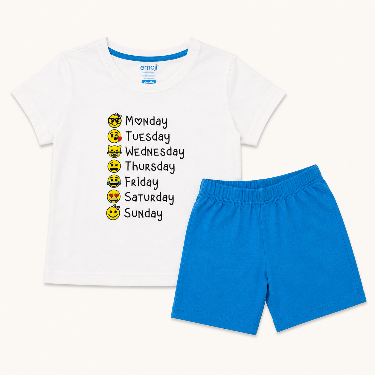 Ensemble Pyjama Court Enfant Blanc et Bleu - Motif Jours de la Semaine Emoji