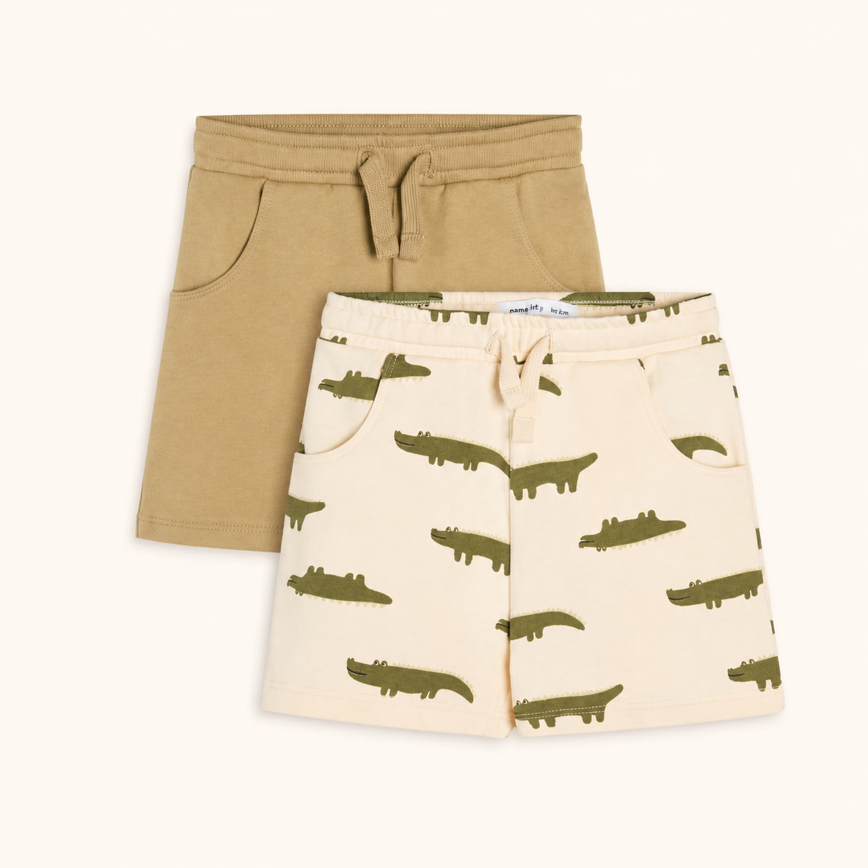 Lot de 2 Shorts en Molleton Bébé Enfant – Beige Kaki et Imprimé Crocodiles