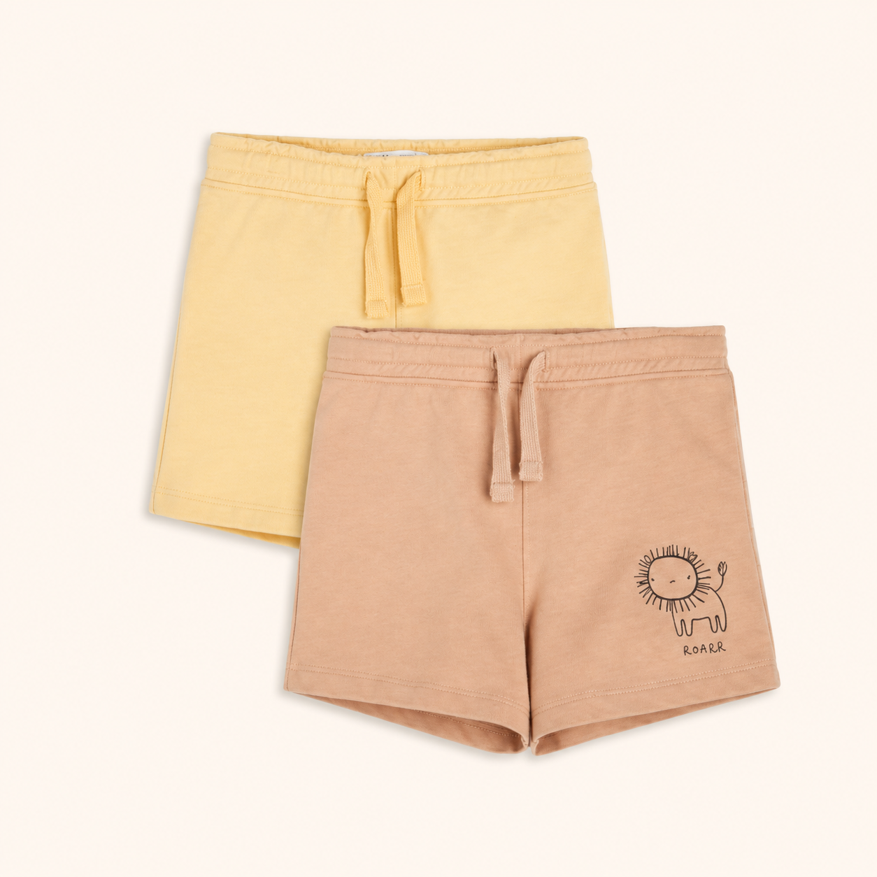 Lot de 2 Shorts en Molleton Enfant – Beige Abricot Imprimé Lion et Jaune Pastel