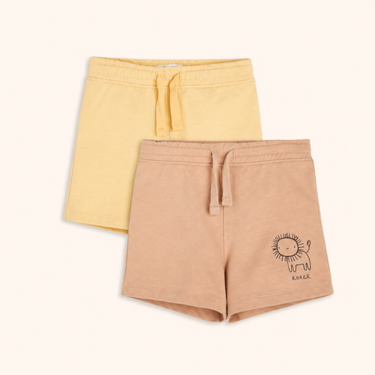 Lot de 2 Shorts en Molleton Enfant – Beige Abricot Imprimé Lion et Jaune Pastel