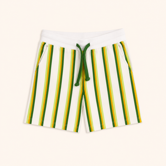 Short en Coton Élastiqué pour Enfant – Rayures Verticales Vertes et Jaunes