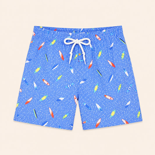 Short de bain garçon Energiers – Bleu à fines rayures et planches de surf