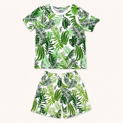 Ensemble Pyjama Court Enfant – Motif Feuilles Tropicales Vertes