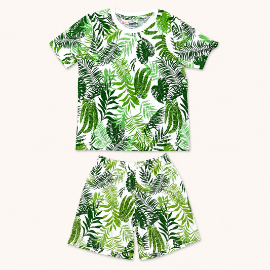 Ensemble Pyjama Court Enfant – Motif Feuilles Tropicales Vertes