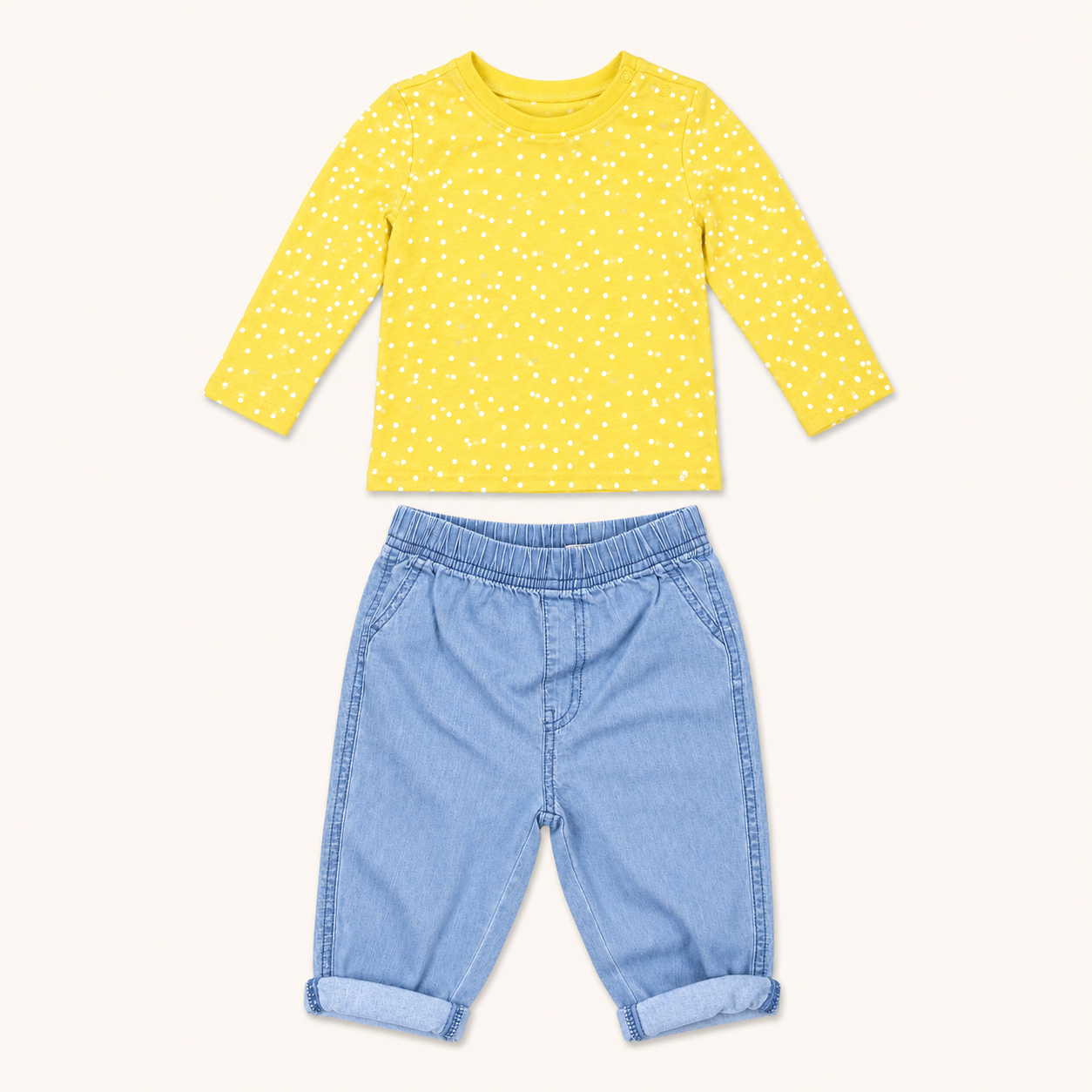 Ensemble 2 pièces bébé : T-shirt jaune à pois et Pantalon en jean – Lupilu