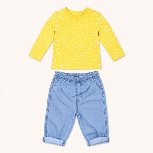 Ensemble 2 pièces bébé : T-shirt jaune à pois et Pantalon en jean – Lupilu