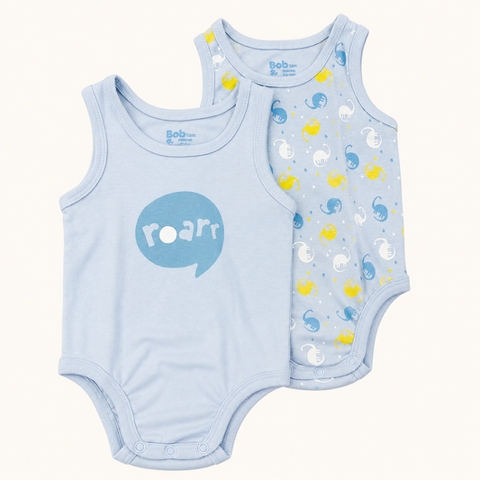 Lot de 2 bodies débardeurs en coton bio bleu – Motif Dinosaures | Bob & Oli