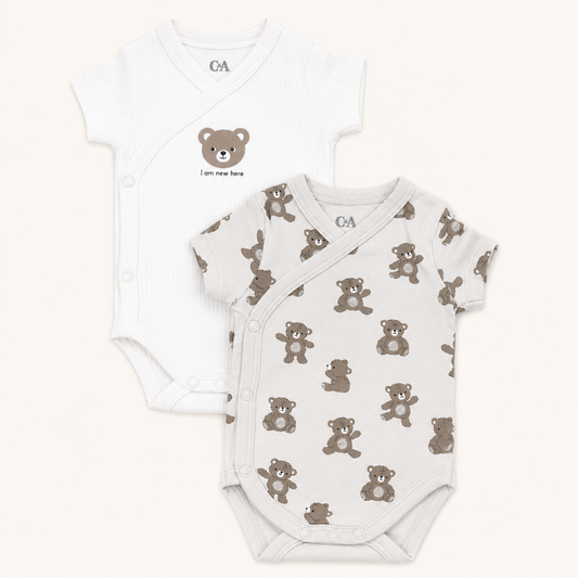 Pack de 2 bodies de naissance croisés à motif ourson