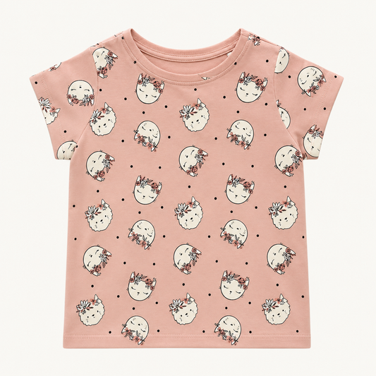 T-shirt Rose Motif Têtes de Chats et Couronnes de Fleurs Fille