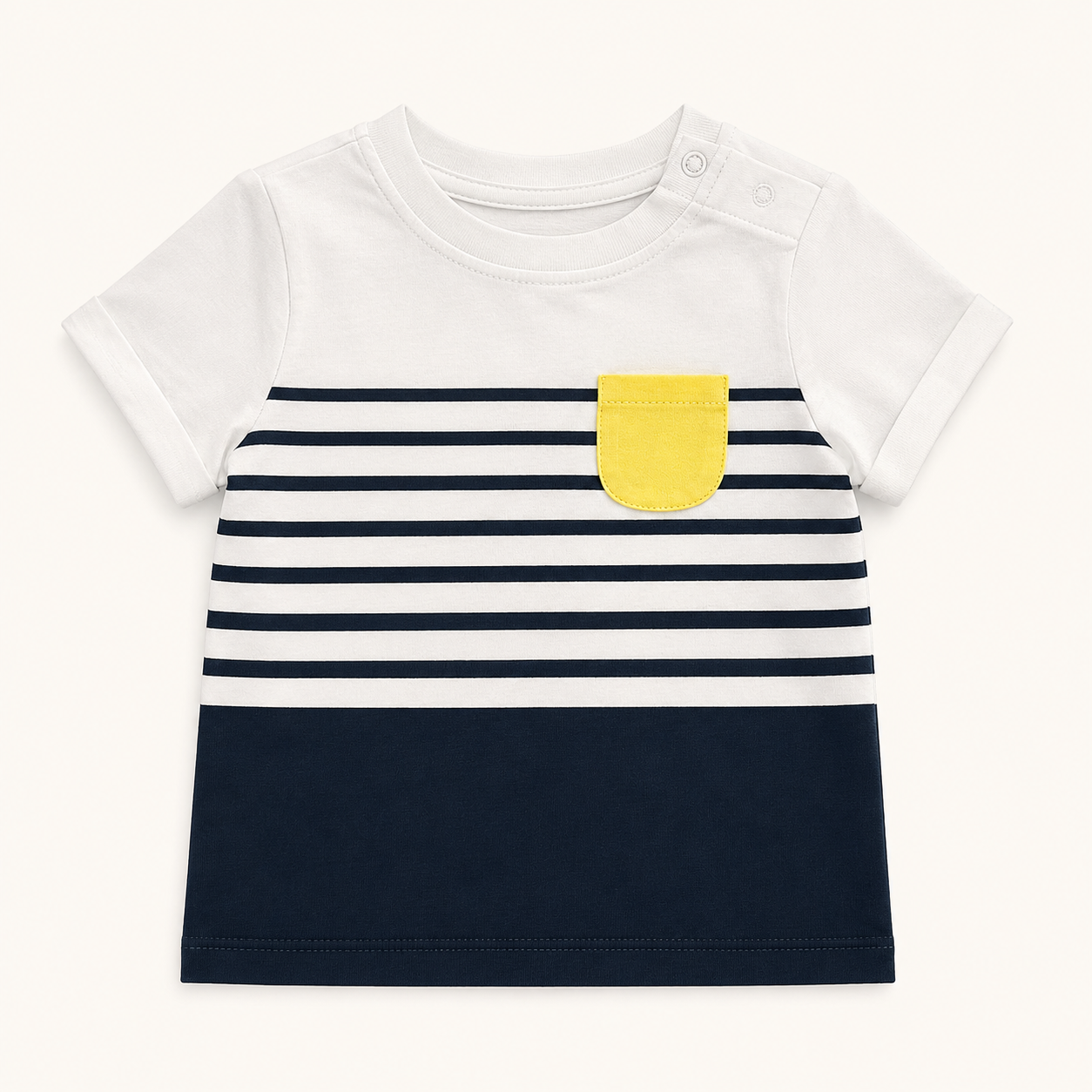 T-shirt Bébé Style Marinière Blanc et Marine à Poche Jaune