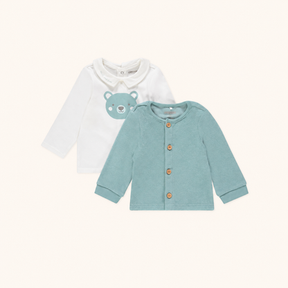 Ensemble 2 pièces Bébé Garçon - T-shirt col Claudine Ours & Cardigan en éponge bleu vert