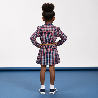 Robe chemise Fille à carreaux bleus et rouges avec ceinture camel