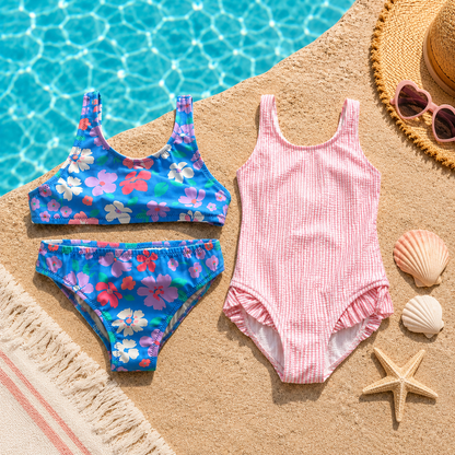 Ensemble maillot de bain deux pièces enfant bleu motifs fleurs de printemps