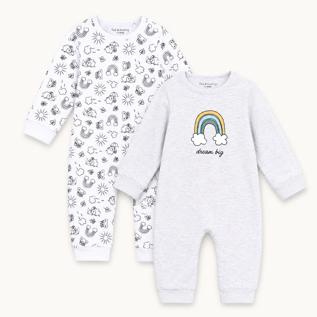 Lot de 2 grenouillères bébé en coton – Gris et Motif Arc-en-ciel