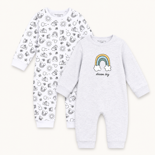 Lot de 2 grenouillères bébé en coton – Gris et Motif Arc-en-ciel