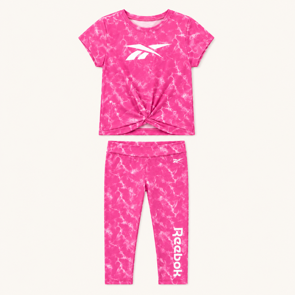 Ensemble de Sport Fille Reebok – T-shirt Noué et Legging Marbré Rose