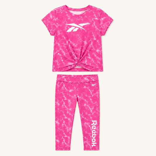 Ensemble de Sport Fille Reebok – T-shirt Noué et Legging Marbré Rose