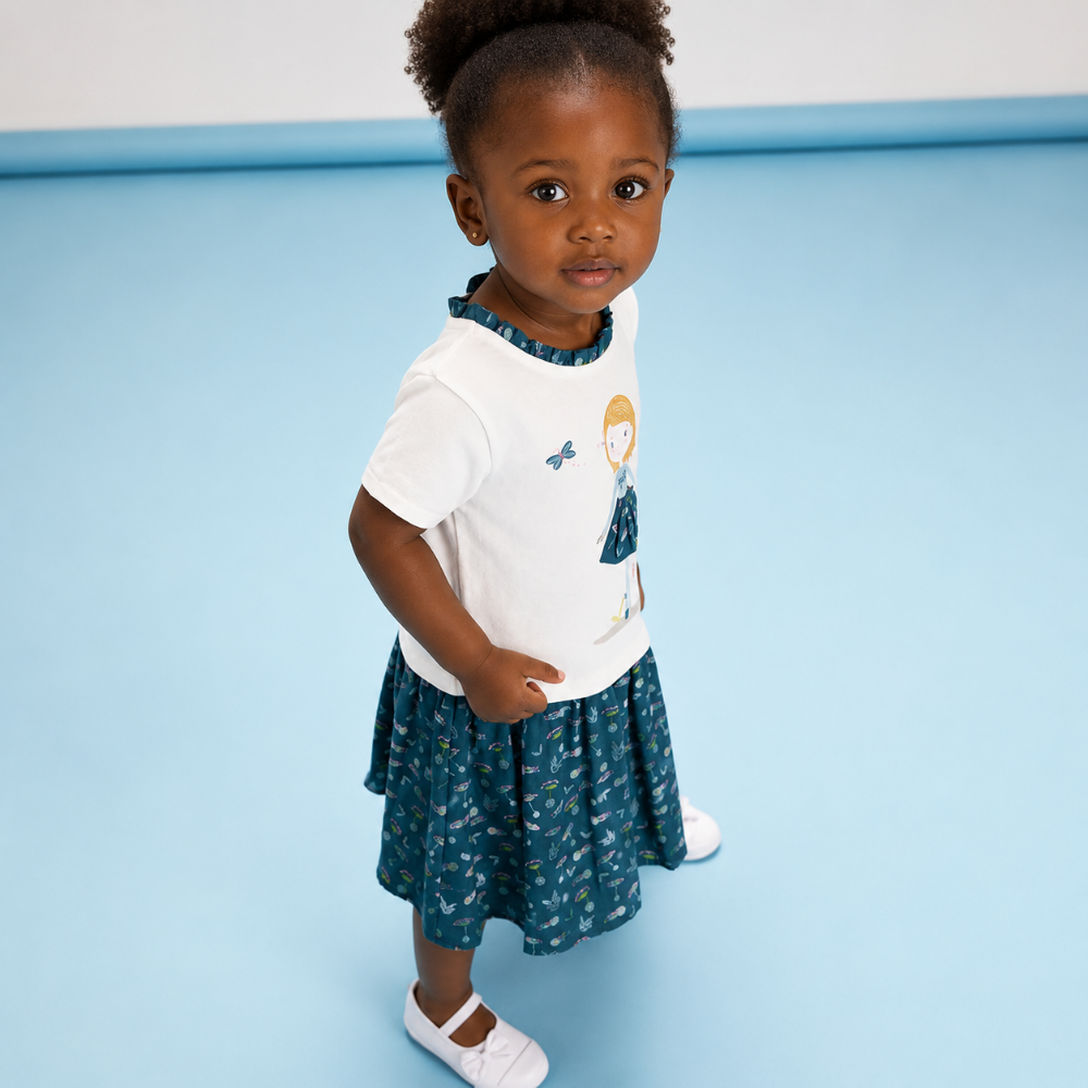 Robe bi-matière Bébé Fille blanche et vert émeraude imprimé - Motif Petite Fille