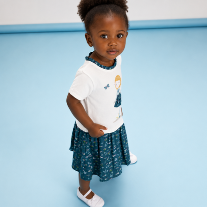 Robe bi-matière Bébé Fille blanche et vert émeraude imprimé - Motif Petite Fille