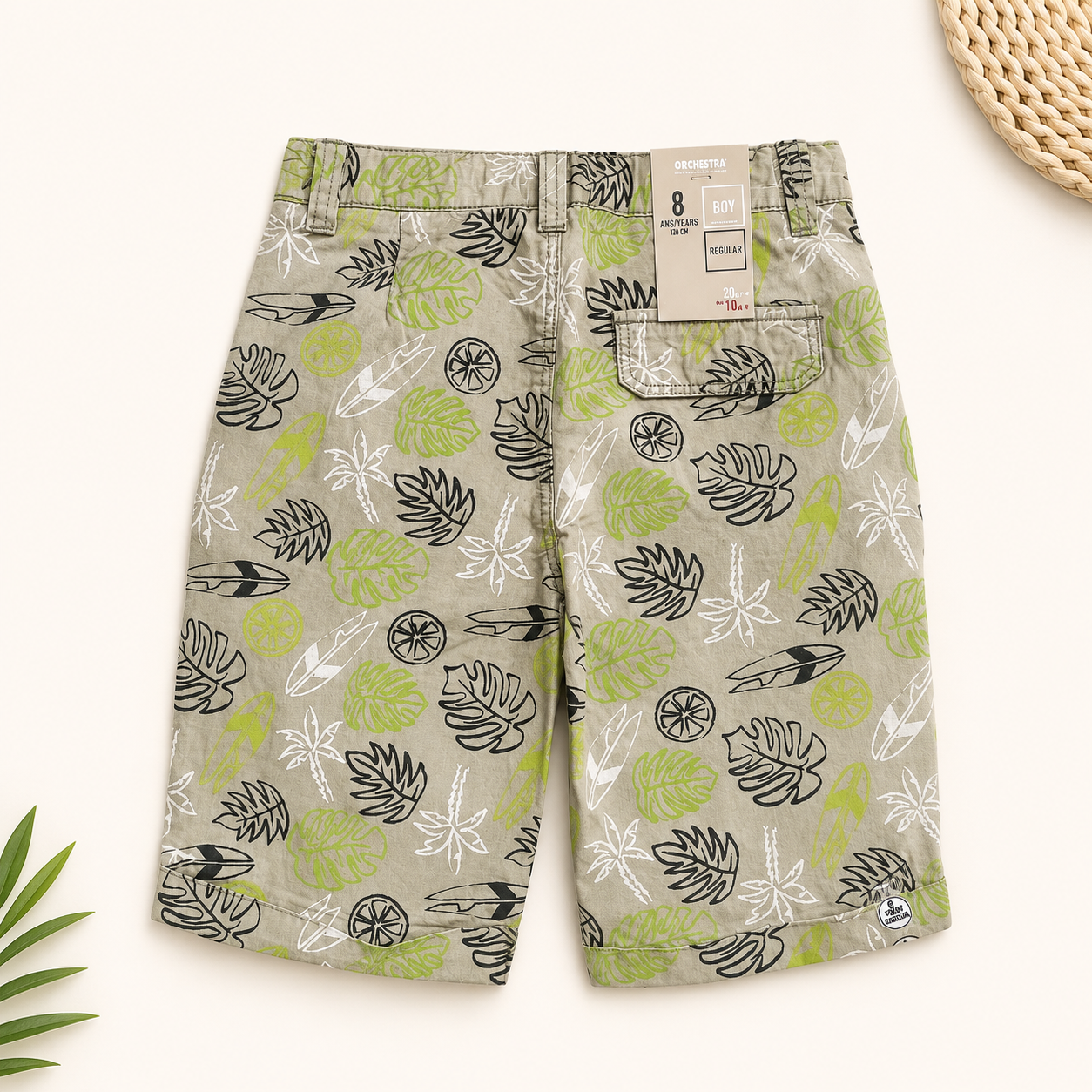Bermuda en toile kaki à imprimé palmes et citrons verts – Orchestra