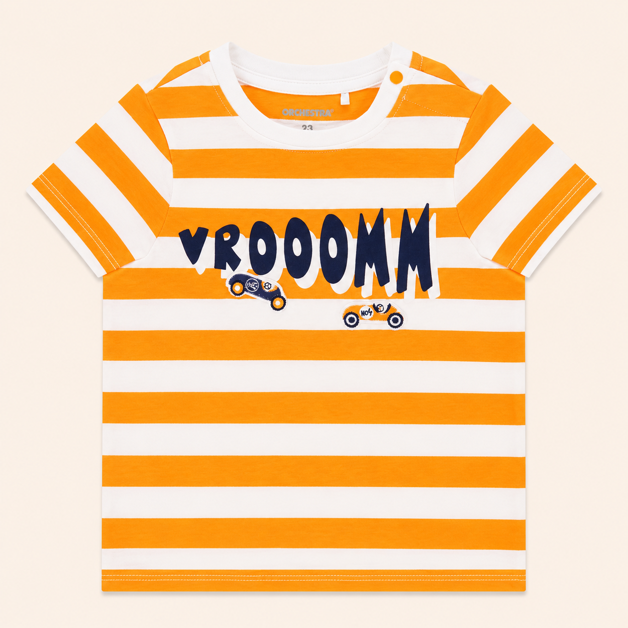 T-shirt Bébé Rayé Orange et Blanc - "Vrooomm"