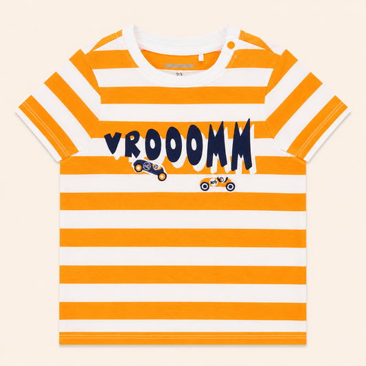 T-shirt Bébé Rayé Orange et Blanc - "Vrooomm"