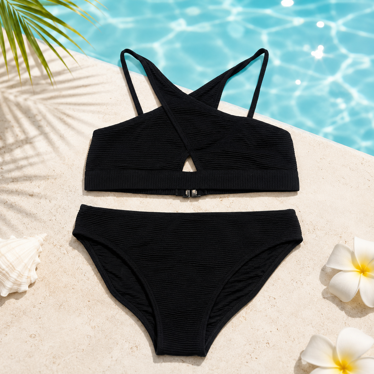 Ensemble maillot de bain deux pièces ado noir effet drapé croisé