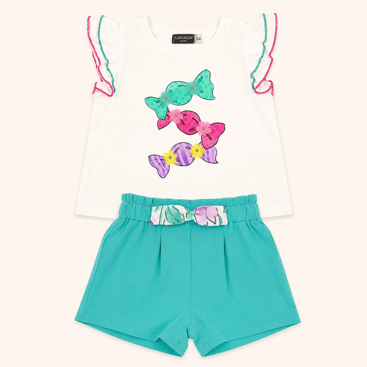 Ensemble t-shirt à volants motifs bonbons et short turquoise - Fille - Canada House