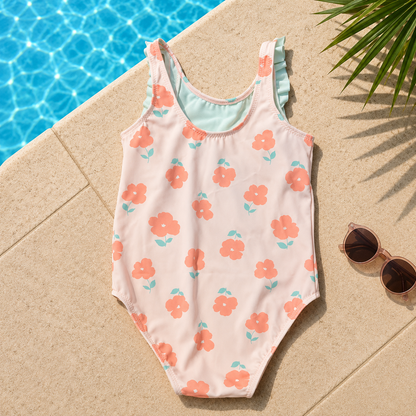 Maillot de bain 1 pièce fille à volants – Rose Pastel et Fleurs Abricot