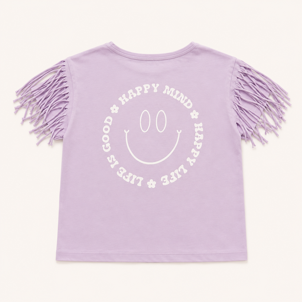 Haut parme à franges avec smiley graphique au dos