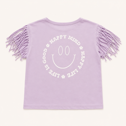 Haut parme à franges avec smiley graphique au dos