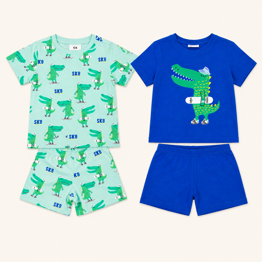 Lot de 2 ensembles d'été bébé garçon T-shirt et Short imprimé Crocodiles Skateurs - C&amp;