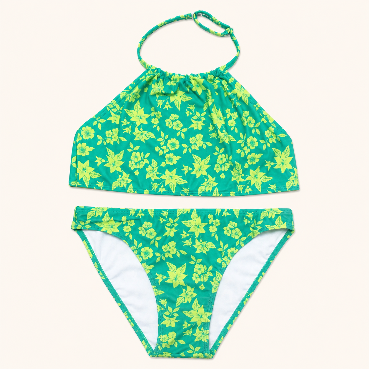 Maillot de bain 2 pièces fille dos nu Floral – Vert Émeraude et Citron Vert