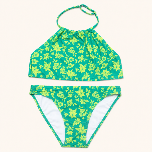 Maillot de bain 2 pièces fille dos nu Floral – Vert Émeraude et Citron Vert